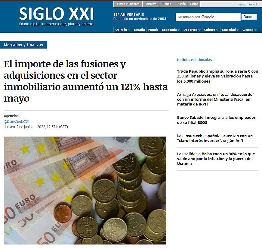 El importe de las fusiones y adquisiciones en el sector inmobiliario aument un 121% hasta mayo